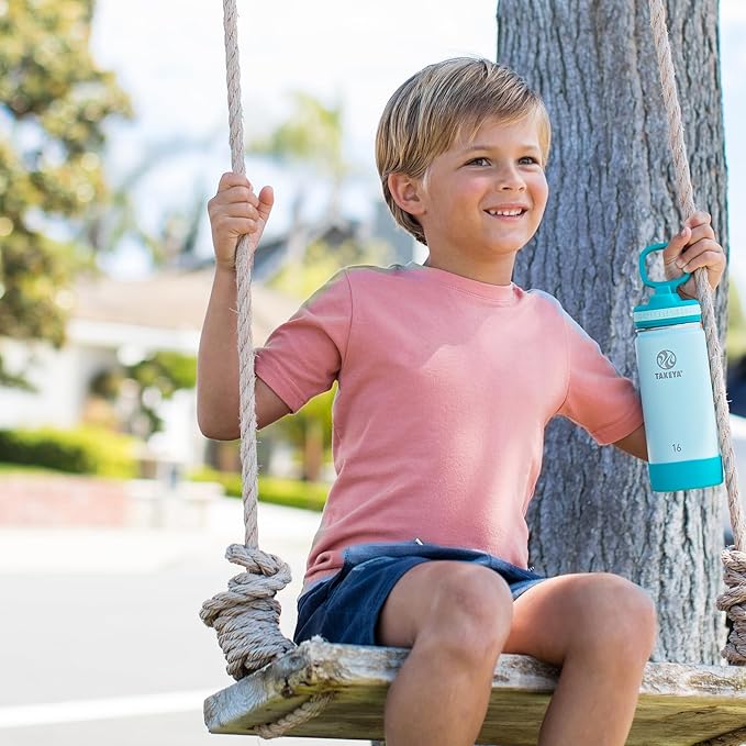 Takeya Actives Kids Water Bottle 16 oz Stainless Steel Double Wall Insulation BPA-Free Leakproof Straw Lid Easy Carry Handle Reusable Ideal for Boys and Girls, School, Sports - Surfer / Lagoon