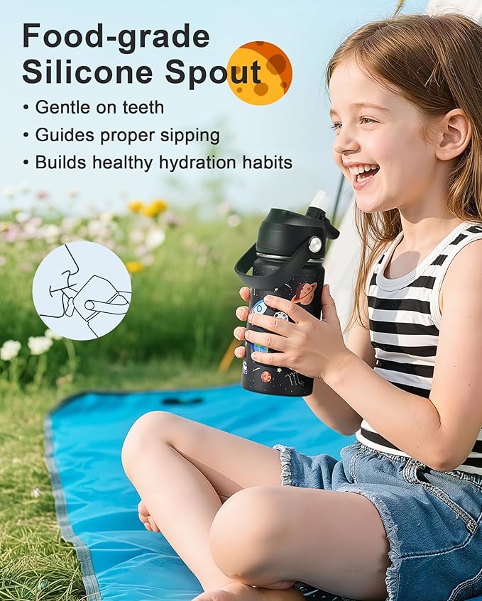 Kids Water Bottle 14oz with Silicone Straw Lid - Insulated Toddler Water Bottle Stainless Steel Keeps Cold 24H, Leak Proof & Universe Stars Prints Design | Custom Name Tag for School, Daycare, Travel