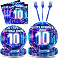 96Pcs 10th Birthday Video Game Plates and Napkins Gamer 10 Years Old Party Decorations Purple and Blue Level 10 Dessert Plates 10th Birthday Tableware for 24 Guests Boys Kids Gaming Party Supplies