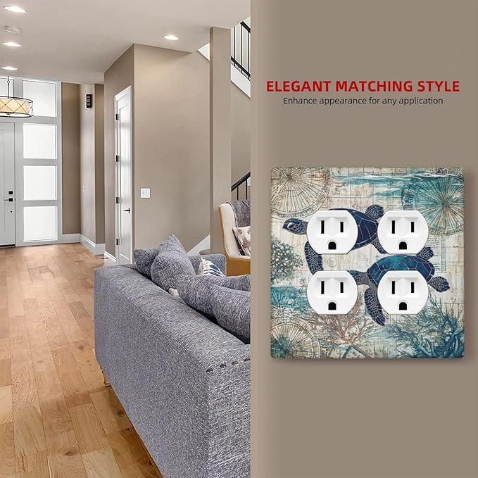Blue Green Sea Turtle Tropical Ocean Coral Nautical Map Outlet Covers 2 Gang Double Duplex Decorative Light Switch Covers Electrical Wallplates Socket Faceplate For Bed Room Bathroom Decor