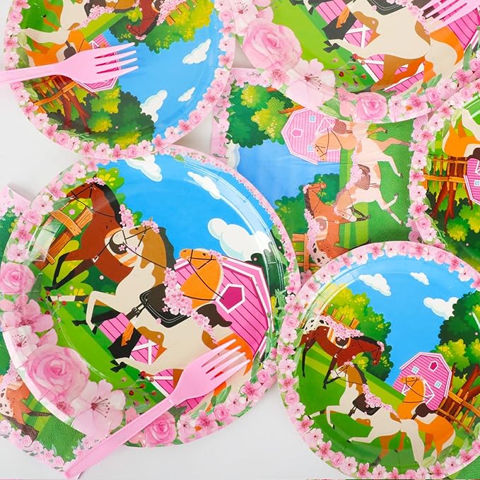 96 Pcs Horse Party Plates Napkins Tableware Set Kentucky Birthday Party Supplies Derby Disposable Paper Dinnerware Pink Cowgirl Western Theme Table Decoration Favors for Girls Baby Shower, 24 Guests