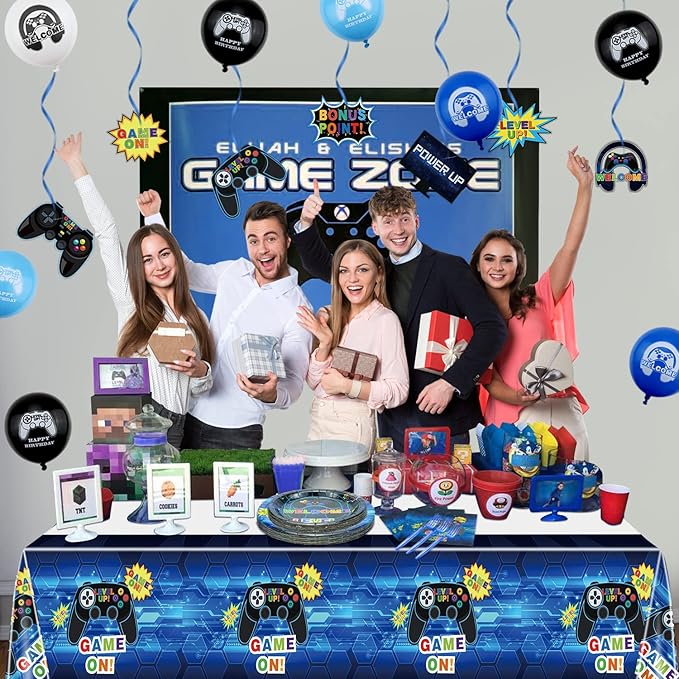 Video Game Party Supplies Serve 20-81Pcs Plates Napkins Tablecloth Forks Set for Boys Gaming Controller Party Decorations