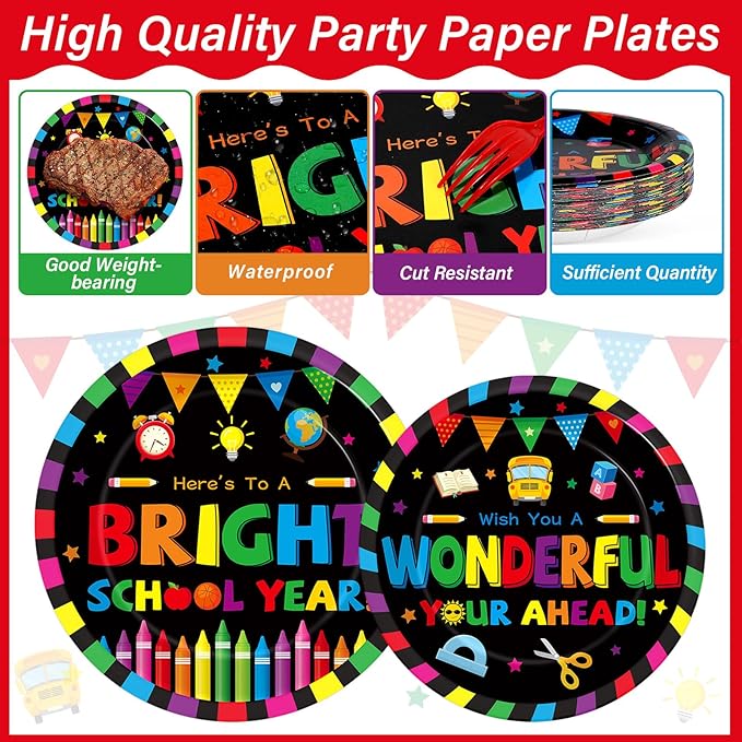 100PCS Back To School Decorations School Season Supplies Paper Plates Napkins Disposable Black Bottom Colorful Pattern Tableware Dinnerware for Student Birthday Picnic First Day of School Serves 25
