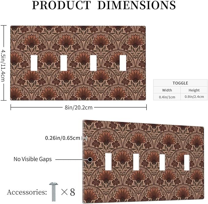 Earth Tone Floral Rustic Damask Boho Flower Light Switch Covers Quad Toggle Electrical Faceplate 4 Gang Wall Plate Decorative Switch Plates Cover for Farmhouse Home Decor