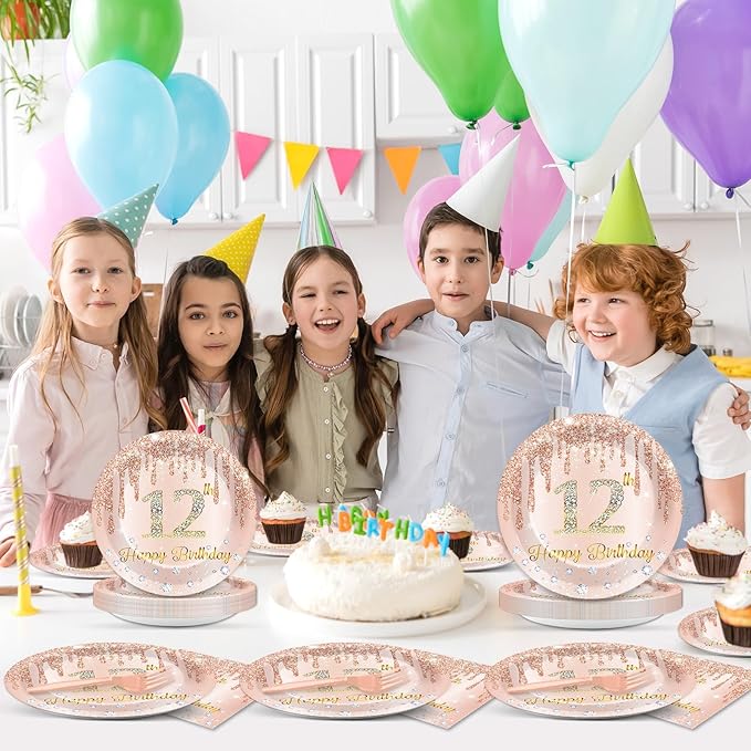 96 Pcs Rose Gold 12th Birthday Party Plates and Napkins for Girls Rose Gold Party Supplies Pink Happy 12 Years Birthday Party Tableware Set for 24 Guests Party Decorations