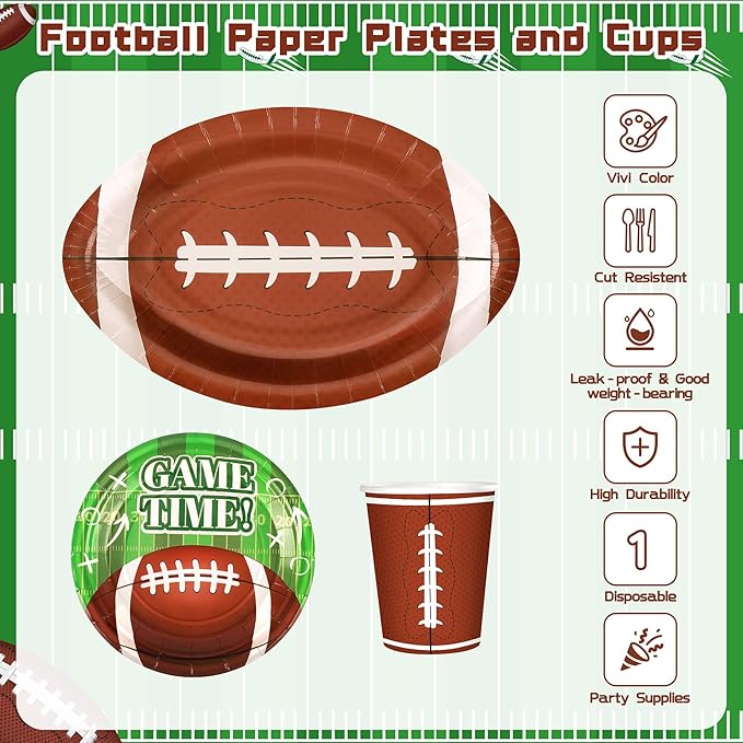 99PCS Football Party Tableware Supplies,Set of 24 Football Plates Napkins Cups,11.8in Football Shaped Disposable Paper Plates,Banner and Touchdown Tablecloth for Birthday Gameday Tailgate Decoration
