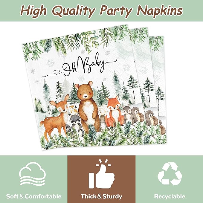 168PCS Woodland Baby Shower Party Supplies for Boys Girls Kids Winter Forest Party Decorations Jungle Animals Themed Plates and Napkins Cups Forks Knives and Straw Tableware Serve 24 Guests