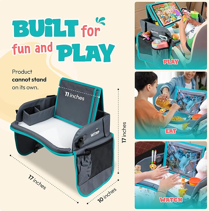 Kids Travel Tray with Dry Erase Board WITRIP- Car Seat Tray for Kids Travel, Carseat Table Top for Toddler, Lap Desk for Car Seat, Activity Organizer & Snack Holder,Road Trip Essentials for Kid (Aqua)