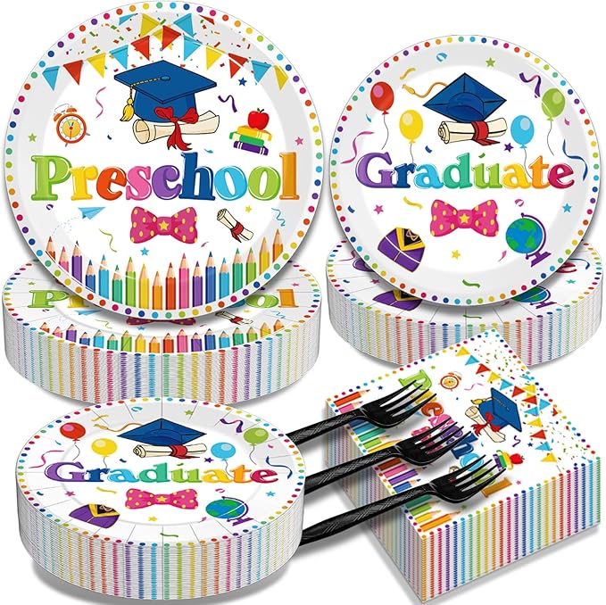 Kepeel 200Pcs Preschool Graduation Party Tableware Set, 2026 Pre-K Grad Party Supplies Decorations Preschool Kindergarten Graduate Party Dessert Plates Napkins Favor for Boys Girls, Serves 50 (White)