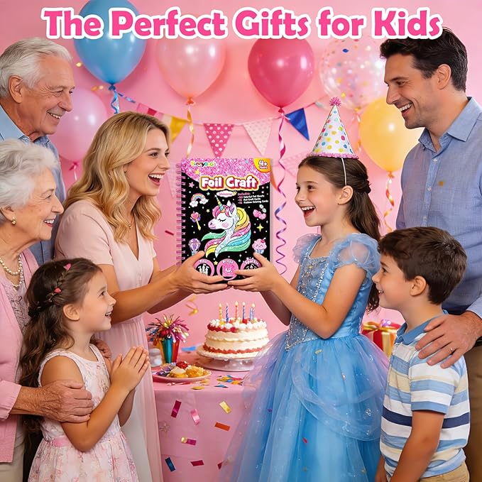 FUNNYB&G Foil Art Crafts for Kids Ages 4-8: Mother's Day 2026, Birthday Gift for Girls, Art and Crafts Supplies, Party Favors, Creative Toys for Girls 4 5 6 7 8 9 Years Old(Unicorns)