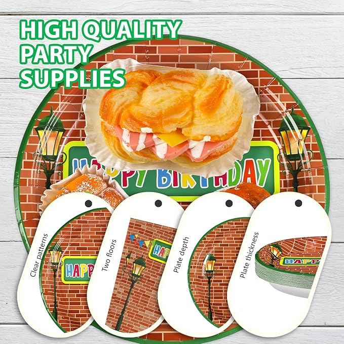 Grencian 96 Red Brick Wall Street Party Supplies Modern Cartoon Sesame Plates and Napkins Tableware Sets Sesame Birthday Disposable Plate for Kids Birthday Baby Shower Serves 24