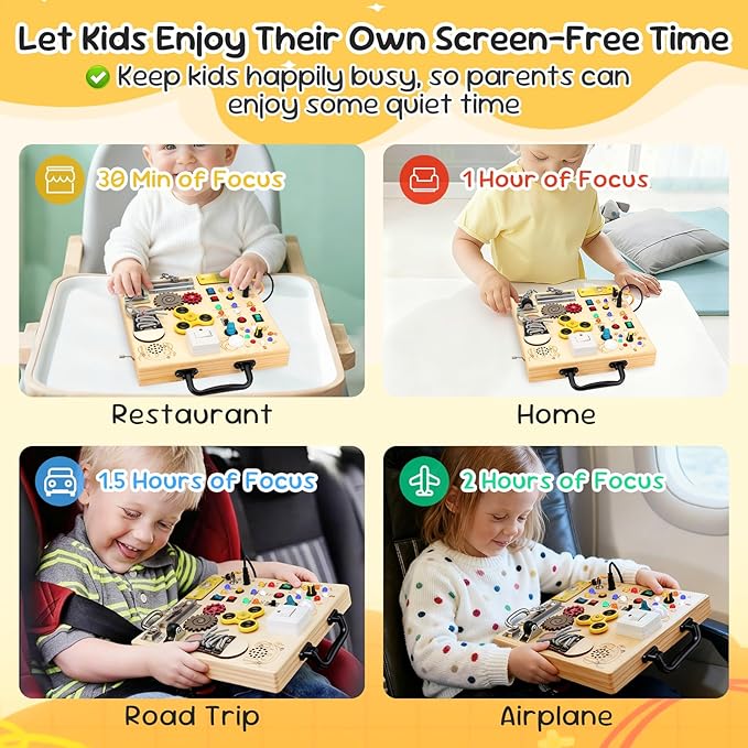 Wooden Busy Board with LED Light，Montessori Baby Learning Toys for Toddlers , Sensory Activity Board , Travel Educational Toy Boy & Girl Birthday Gift (Black Handle)
