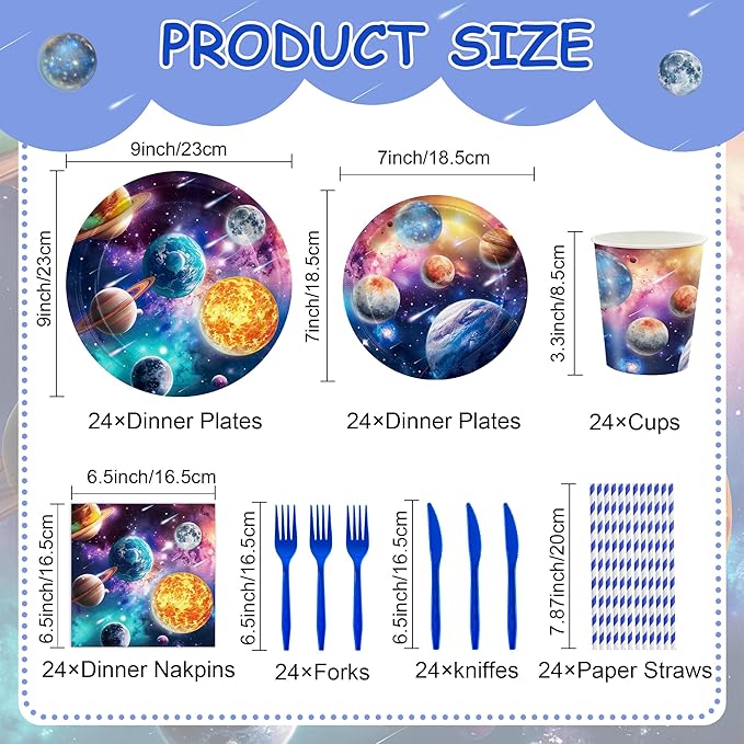 168PCS Planet Party Supplies for Girls Boys Space Themed Happy Birthday Party Decorations Galaxy Planet Outer Space Paper Plates Napkin Cups Forks Knives Straw Tableware for 24 Guests