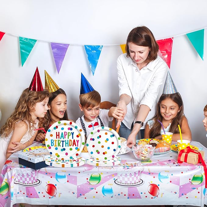 60PCS Happy Birthday Paper Plates and Napkins, Rainbow Dot Party Paper Plates Disposable Birthday Party Decorations Tableware Set for Kids Boys Girls