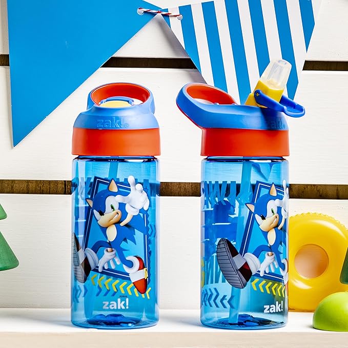 Zak Designs Sonic the Hedgehog Kids Water Bottle with Spout Cover and Built-in Carrying Loop, Made of Durable Plastic, Leak-Proof Water Bottle Design for Travel (17.5 oz, Pack of 2)