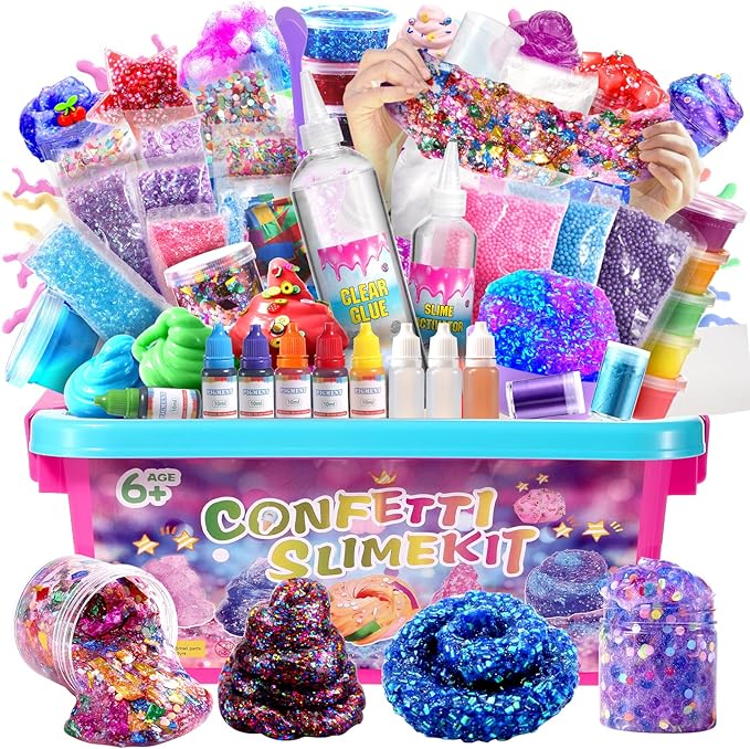 Confetti Slime Kit, Sparkling Slime Making Kit, DIY Craft Set with Clear Glue, Colors, and Decorations, Ages 6+