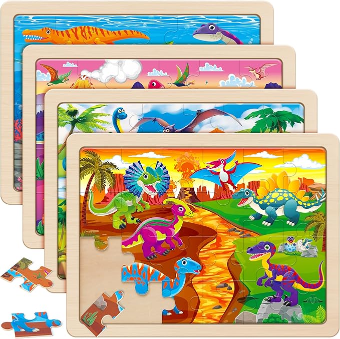 SYNARRY Large Wooden Dinosaur Puzzles for Toddlers 3-5, Wood Puzzles for Kids Ages 4-6, Dinosaur Toys for Kids 3-5, Preschool Educational Learning Toys, Easter Basket Stuffers for Boys Girls