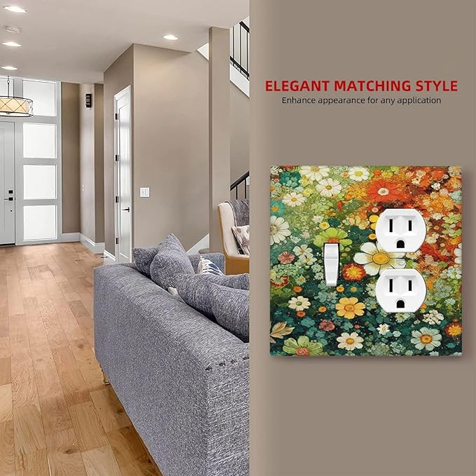 Light Switch Cover Plate Colorful Flowers Green Plants Meadow Floral 2 Gang Decorative Switch Plates 1 Toggle Duplex Combo Outlet Covers GFCI Wall Plates for Bathroom Bedroom Decor