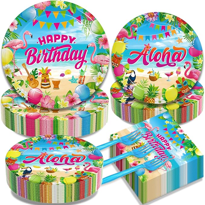 200Pcs Hawaiian Aloha Party Tableware Set, Luau Tropical Birthday Party Decorations Supplies for Summer Beach Pool Retirement Baby Shower Disposable Paper Plates Napkins Forks for 50 Guests