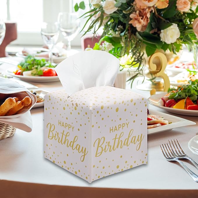 Happy Birthday Gold Foil Dots Tissue Box Cover - Square PU Leather Tissue Holder with Belt Bottom, Decorative Birthday Gift Idea for Birthday Party, Bathroom, Home Office & Car Decorations