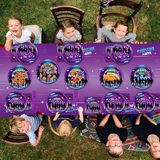 98PCS Game Birthday Party Decors Video Game Party Plates Napkins Tablecloths Neon Gaming Birthday Royale Tableware Set Gaming Disposable Table Cover for Kids Boys Girls Gamer Theme Parties Supplies