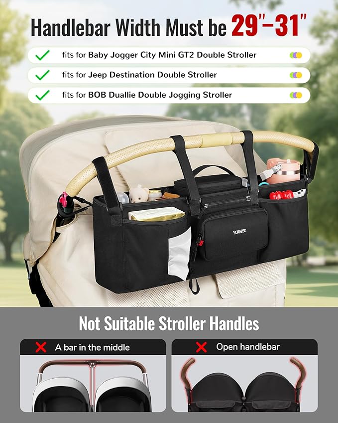 YOREPEK Padded Double Stroller Organizer with Removable Cooler Bag,Fits for Bob Duallie,Baby Jogger City Mini GT2 and Jeep, Large Capacity Stroller Caddy Attachment, Double Baby Stroller Accessories