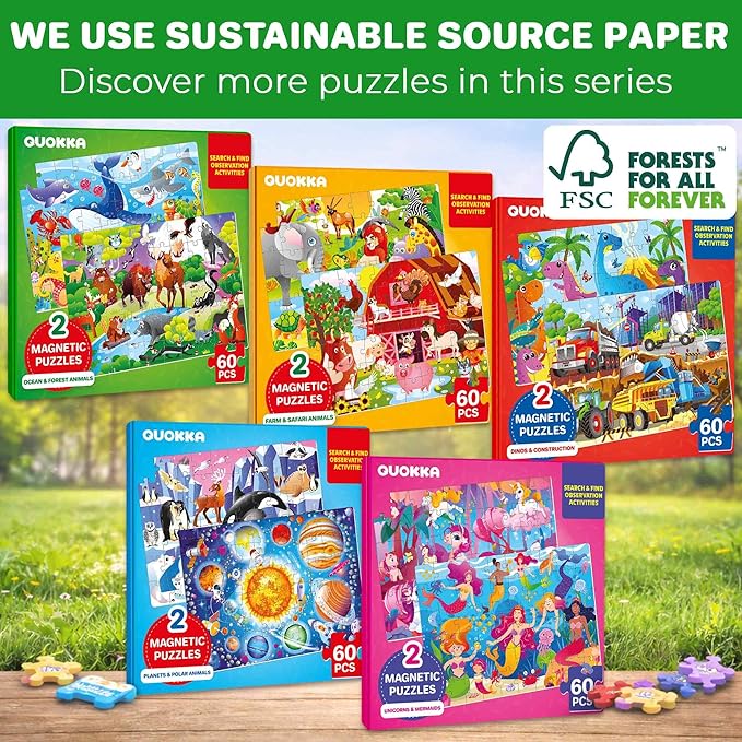 QUOKKA Magnetic Puzzles for Toddlers 3-5 – Search & Find 2 Pack, 60 Pieces Each – Travel Friendly Board with Hidden Objects, Farm and Africa Scenes – Educational Puzzle Gift for 3 Year Olds