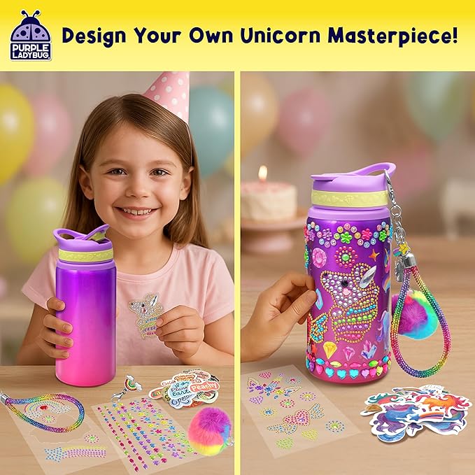 PURPLE LADYBUG Decorate Your Own Water Bottle Kit for Girls - Gift for Girls Ages 5 6 7 8 9 10 Year Old Girl Birthday Gift, Unicorn Toys Crafts Kids Ages 6-12 Mothers Day Crafts for Kids
