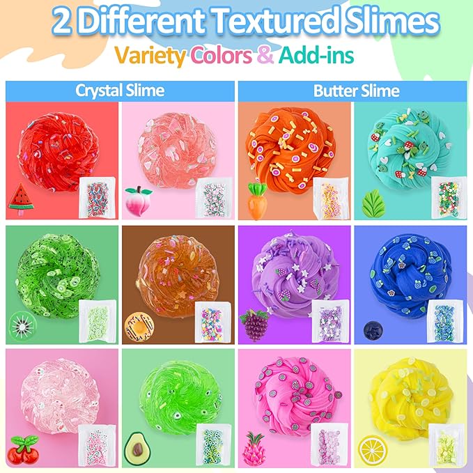 12 x 80 mL Big Slime Kit, 32 FL OZ Slime Includes 6 Butter & 6 Clear Crystal Slimes, 38 Pcs Slimes Pack with Charms & Jelly Cube Add-ins, Party Favors for Kids