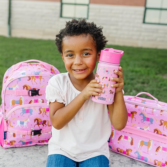 Wildkin Kids 14oz Stainless Steel Water Bottle – BPA-Free, Leakproof, Insulated, Easy-Clean - Horses
