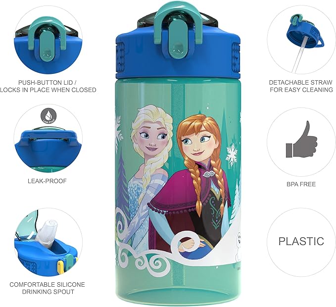 Zak Designs Disney Frozen 2 Kids Spout Cover and Built-in Carrying Loop Made of Plastic, Leak-Proof Water Bottle Design, 16oz, Elsa & Anna