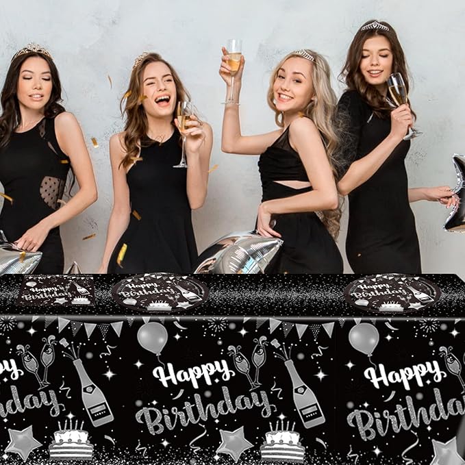 41PCS Black and Silver Birthday Decorations Happy Birthday Disposable Tableware Decor Plates Napkins Tableclot Set for Men Women Service20
