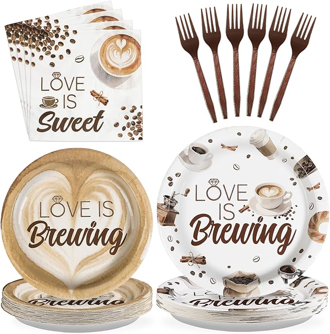 Grencian Love is Brewing Bridal Shower Decorations - 96Pcs Coffee Themed Bridal Shower Love is Brewing Plates and Napkins Disposable Tableware for Girls Wedding Engagement Party Decorations Serve 24