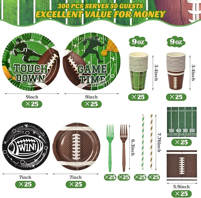 300 Pcs Football Plates and Napkins Tableware Sets (Serve 50), Football Party Supplies, Including Football Plates Napkins Forks Straws and Cups (Blending 2 Designs), Suitable for Game Day Party