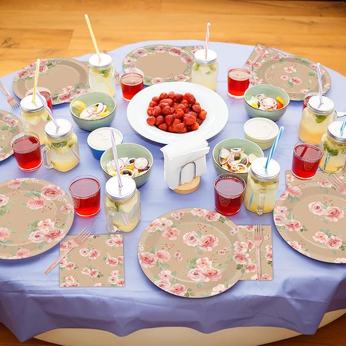 96Pcs Vintage Flower Party Supplies Spring Kraft Floral Themed Paper Plates Napkins Pink Rose Flower Party Tableware Disposable Decoration Set for Kids Birthday Baby Shower Table Decor