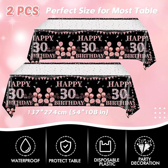 62Pcs 30th Birthday Decorations for Girls Her, Rose Gold Birthday Party Supplies Include 20 7''Plates 20 9'' Plates 20 Napkins and 2 Tablecloth, Rose Gold Princess Party Tableware for 20 Guests