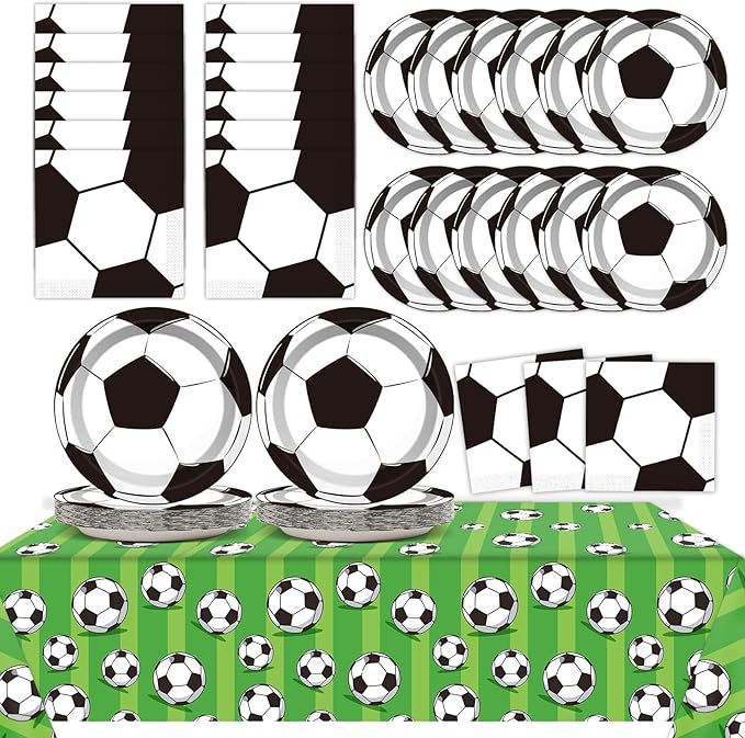 Qyeahkj Soccer Birthday Party Decoration Plates Napkins Tablecloth Supplies -Serves 24 Guests Disposable Tableware Dinnerware Favors for Boys Girls Soccer Sports Theme Baby Shower Birthday Party