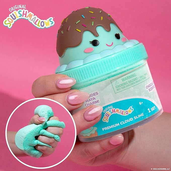 Original Squishmallows Maya the Ice Cream Premium Cloud Slime, Chocolate-Scented, 8 oz., Storage Container with Figurine Topper, Rubber Charm, Goodie Bags Stuffers, Kids Party Favors, Sensory Toys