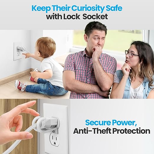 Lock Socket 3 Prong Outlet Lock (White) | Anti Theft Lock to Secure Three Pronged Plugs to the Outlet | an Innovative Way to Prevent Cords Unplugging|Child-Safe, with Security Screw |Made in USA