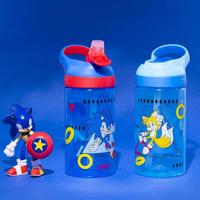 Zak Designs Sonic the Hedgehog Atlantic Kids Water Bottle For School or Travel, 16oz Durable Plastic Water Bottle With Straw, Handle, and Leak-Proof Spout Cover, 2-Pack (Sonic, Knuckles, Tails, Amy)