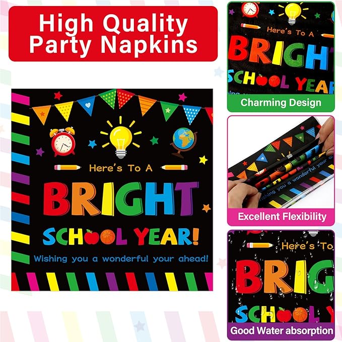 100PCS Back To School Decorations School Season Supplies Paper Plates Napkins Disposable Black Bottom Colorful Pattern Tableware Dinnerware for Student Birthday Picnic First Day of School Serves 25