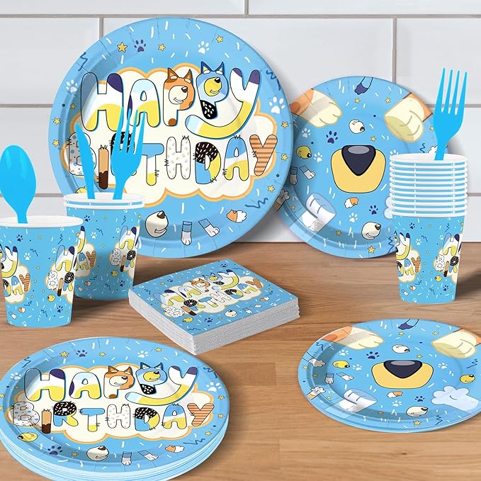 Blue Cartoon Dog Theme Party Supplies for 24 Guests,Blue Dog Birthday Decorations Disposable Tableware Set With Plates, Cups, Napkins & Cutlery For Kids Child Themed Birthday Party
