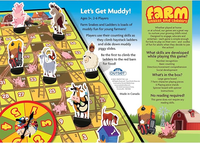 Outset Media Farm: Snakes and Ladders - No Reading Required, Preschool & Kids Board Game, Builds Children's Social & Developmental Skillls, Outset Media, Ages 3+, 2-6 Players