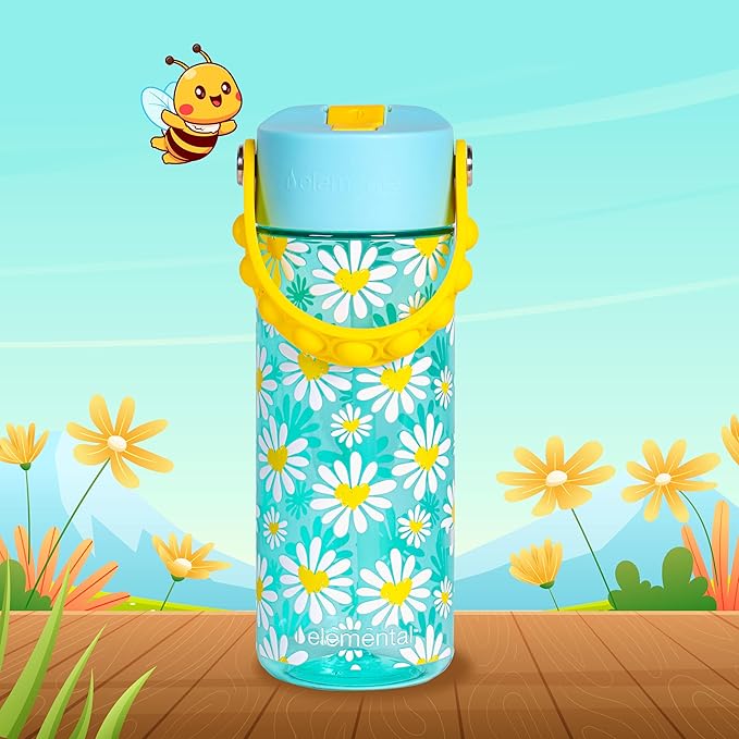 Elemental Water Bottles for Kids - Splash Kids Water Bottle for School with Pop-it Handle - BPA Free Tritan Plastic Water Bottle with Straw Leak Proof when Spout is Closed - Daisy Heart - 18oz