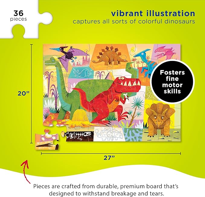 Crocodile Creek 36-Piece Jigsaw Floor Puzzle - Fun Floor Puzzles for Kids Ages 3-5 - Heavy-Duty Shaped Box for Storage - Dinosaur - 24" W x 18" H Finished
