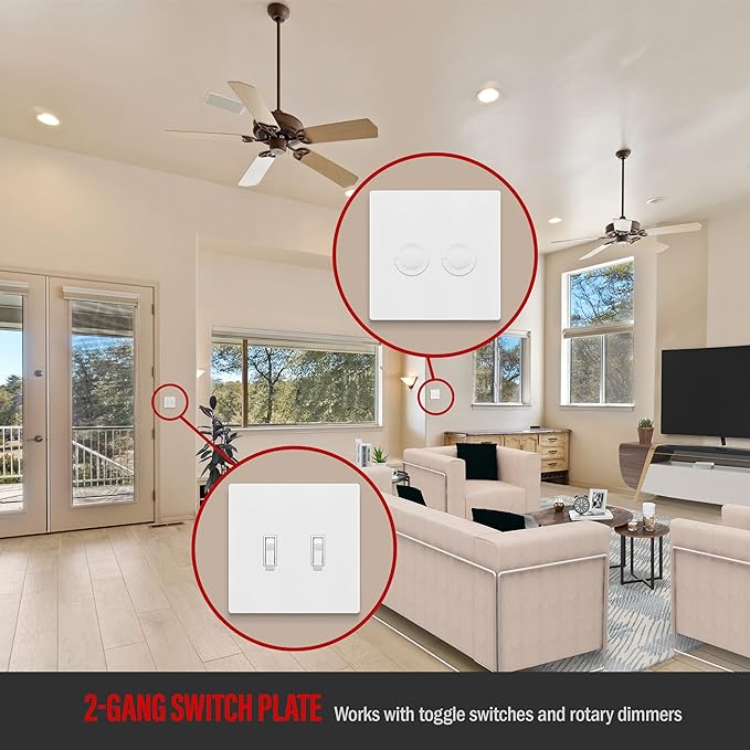 ENERLITES Screwless Double Toggle Switch Wall Plate, Child Safe Dual Light Switch Cover, Standard Size 2-Gang 4.68" x 4.73", Unbreakable Polycarbonate Thermoplastic, UL Listed, SI8812-W, Glossy, White