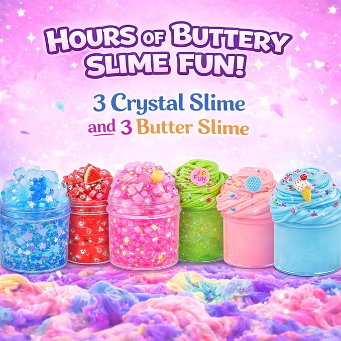 Butter Slime Kit for Girls Ages 8-12, 6 Pack Pre-Made Slime Kit with Charms, Sprinkles, Ice Cream Add-Ins & Storage Case, Soft Non-Sticky Sensory Gift for Kids