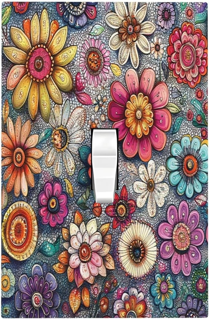 Decorative Light Switch Cover Colorful Rainbow Pointillisme Flower 1 Gang Single Toggle Device Electrical Faceplate Switchplates Decorator Outlet Wall Plate For Bed Room Home Decor