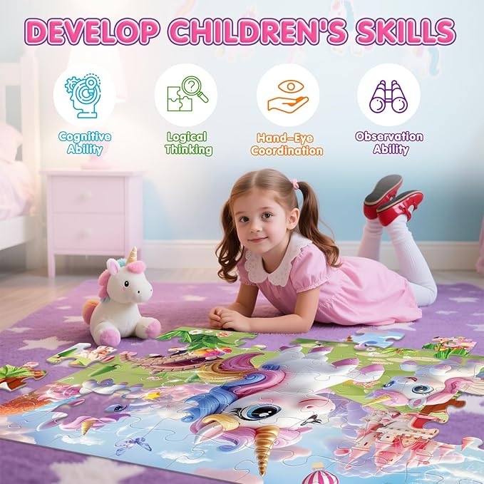 Jumbo Floor Puzzle for Kids,48 Piece Unicorn Large Jigsaw Puzzles,Puzzle for Toddler Ages 3-5,Fun Educational Preschool Learning Toy Easter Gift for Boys & Girls Ages 4-8