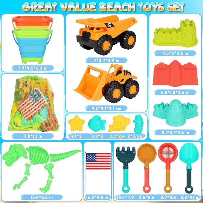 HUITEM Beach Sand Toys for Kids, 29PCS Sandbox Toys with 2 Collapsible Bucket Sand, 2 Dump Truck, Dinosaur Molds, Castle Building Kit, Shovel Sieve,Flags,Mesh Bag Travel Beach Toys for Toddler 3-10